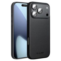   iPhone 17 Pro Max fekete bőrtok MagSafe kompatibilitással Alphajack QTech Series kameralencse védővel