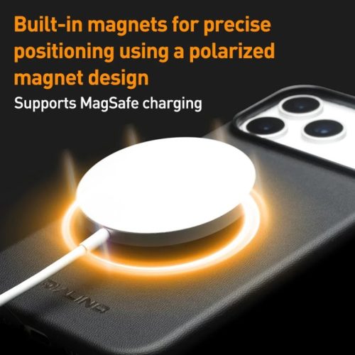 iPhone 17 Pro Max fekete bőrtok MagSafe kompatibilitással Alphajack QTech Series kameralencse védővel