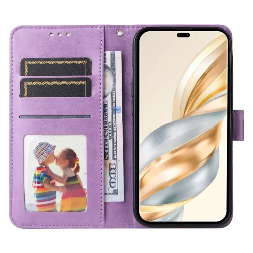 Honor Magic 7 Lite napraforgó mintás dombornyomott fliptok – lila