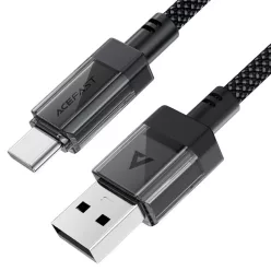   Adatkábel Acefast C12-04 - Gyors töltés, USB Type-C, 3A, Átlátszó burkolat, Fonott nylon, 1.2m - Fekete
