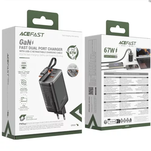 Acefast Fali Töltő (A111) Visszahúzható Kábellel, Gyors Töltés, GaN, 2x Type-C, USB, 67W, 3A, 65cm - Fekete