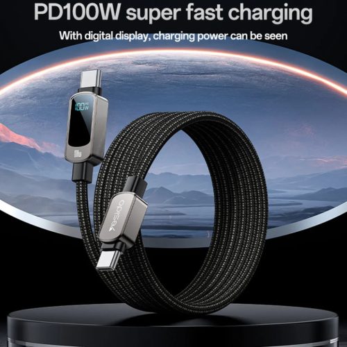 Yesido - Adatkábel (CA179) - Szupergyors töltés, digitális kijelzővel, Type-C to Type-C, 100W, 5A, 480Mbps, 1.2m - Fekete