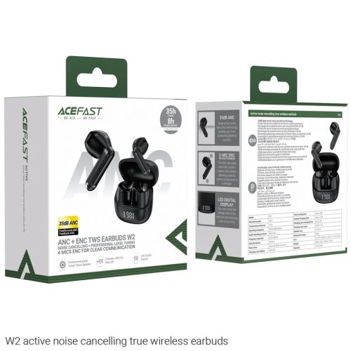 Acefast - Vezeték nélküli fülhallgató (W2) - TWS, Bluetooth 5.4, 4-Mic ENC, IPX4, 400mAh, LED digitális kijelző, mágneses kialakítás - Fekete