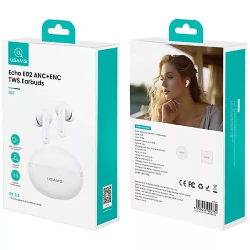 USAMS Echo E02 TWS Bluetooth fejhallgató ANC+ENC vezeték nélküli fehér
