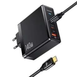   USAMS Töltő 2xUSB-C+1xUSB T52PD140W PD Gyors töltés US-CC168 + U82 USB-C/USB-C US-SJ581 kábel