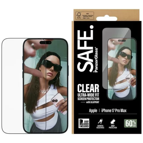iPhone 17 Pro Max SAFE by PanzerGlass edzett üveg Ultra-Wide Fit EasyAligner fekete kerettel üvegfólia