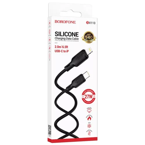 Borofone Lenny Sorozat Adatkábel (BX113) - Type-C to Lightning, 3A, 27W, Szilikon, 2m - Fekete