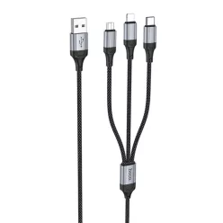   USB-A - Lightning / microUSB / USB-C Töltőkábel Hoco X102 3 az 1-ben, 18W, 2A, 1m, Fekete