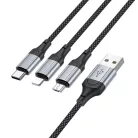 USB-A - Lightning / microUSB / USB-C Töltőkábel Hoco X102 3 az 1-ben, 18W, 2A, 1m, Fekete