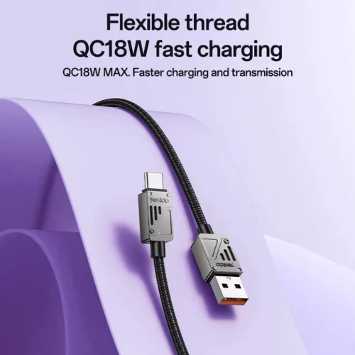 Yesido USB to Type-C adatkábellel (CA135C) - Gyors töltés, QC18W, 3A, 480Mbps, CarPlay kompatibilis, cink ötvözet, 1.2m - Fekete