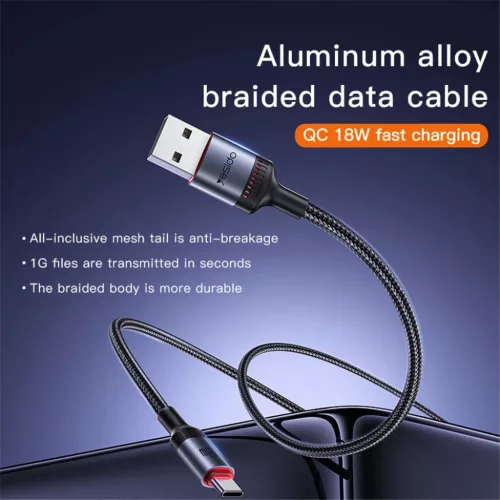 Yesido - Data Cable (CA183) - Type-C to Type-C, Gyors töltés, 60W, 3A, 480Mbps, Alumínium ötvözet, 2m - Fekete
