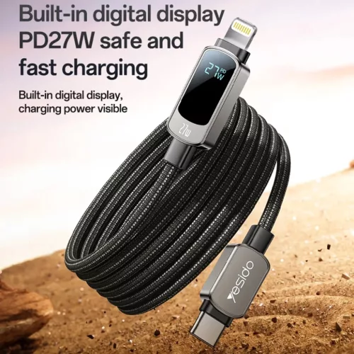 Yesido Adatkábel (CA180) - Szupergyors töltés, digitális kijelzővel, Type-C to Type-C, 27W, 3A, 480Mbps, 1,2m - Fekete