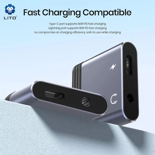 Lito Audio Adapter LA04L - Lightning to Jack 3.5mm, Type-C, Hívástámogatás, Gyors töltés, Hangerőszabályzó, 60W - Fekete