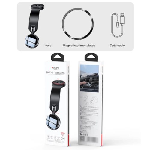 Autós tartó vezeték nélküli töltéssel (Yesido C316) - műszerfalra, N52 mágnesek, rugalmas, intelligens energia szabályozás, 15W - fekete