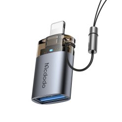   OT-7390 Mcdodo OTG Adapter - USB to Lightning, Alumínium Ötvözet, Töltés és Adatszinkronizálás, Jelzőfénnyel, Akasztóval - Fekete