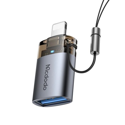 OT-7390 Mcdodo OTG Adapter - USB to Lightning, Alumínium Ötvözet, Töltés és Adatszinkronizálás, Jelzőfénnyel, Akasztóval - Fekete