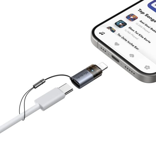 OTG Adapter Mcdodo (OT-7630) - USB-C Lightning átalakító, Alumínium ötvözet, Töltés és adat szinkronizálás, 36W, Kék fény, Lánc - Fekete