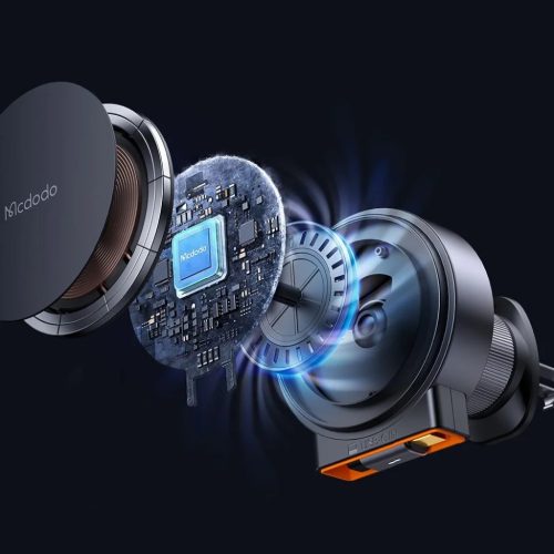 Mcdodo Autós tartó vezeték nélküli töltéssel 15W, Qi2, Beépített visszahúzható kábel, Légbefúvóra rögzíthető, Desert Gold (CH-0091)