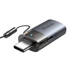   OTG Adapter 2in1 Mcdodo (OT-7600) - USB to USB-C, Beépített Kártyaolvasó, Töltés & Adatátvitel, 5 Gbps, Kék Fény, Nyakpánt - Fekete