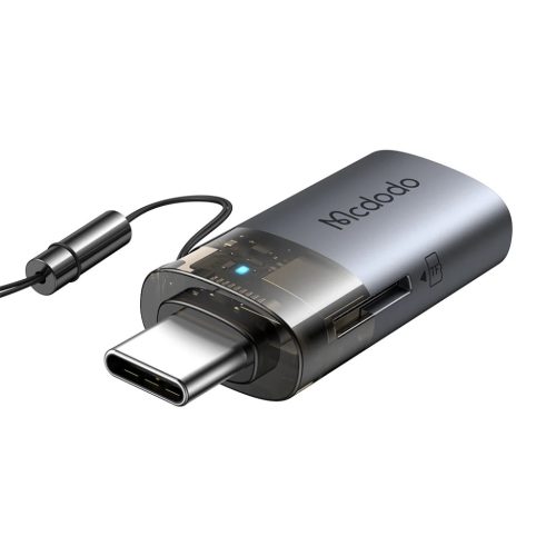 OTG Adapter 2in1 Mcdodo (OT-7600) - USB to USB-C, Beépített Kártyaolvasó, Töltés & Adatátvitel, 5 Gbps, Kék Fény, Nyakpánt - Fekete