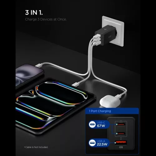 Spigen Essential EE673EU 3-portos hálózati töltő 67W Fekete