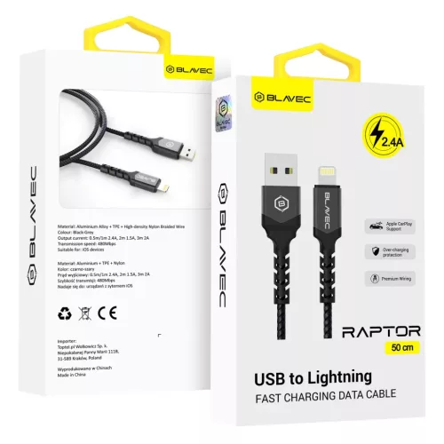 Blavec Raptor fonott kábel - USB Lightning - 2,4A 0,5 méter (CRA-UL24BG05) fekete-szürke