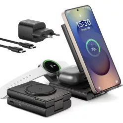   SURITCH 3in1 töltőállomás Samsunghoz, 15W összecsukható vezeték nélküli – Galaxy S26/S25/S24/S23/S22/S21/Z, Galaxy Watch 7/6/5/4/3 és Galaxy Buds, fekete (EU)