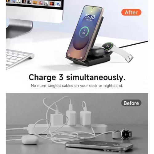 SURITCH 3in1 töltőállomás Samsunghoz, 15W összecsukható vezeték nélküli – Galaxy S26/S25/S24/S23/S22/S21/Z, Galaxy Watch 7/6/5/4/3 és Galaxy Buds, fekete (EU)