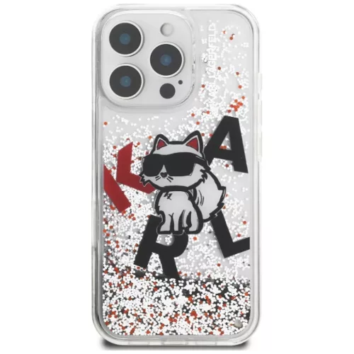 iPhone 16 Pro Karl Lagerfeld Liquid Glitter Choupette Logo átlátszó tok