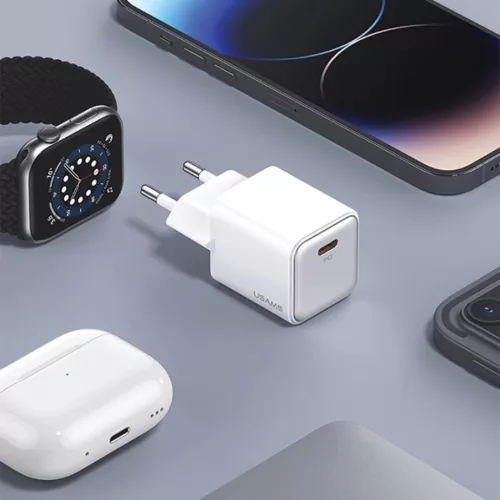 USAMS US-CC183 1xUSB-C PD20W PD3.0 Gyors töltésű fehér töltő + USB-C/Lightning kábel