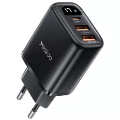   Yesido - Fali töltő (YC67) - Digitális kijelzővel, Gyors töltés, Telefonhoz, tablethez, 3 az 1-ben, USB, 2x Type-C, 17W - Fekete