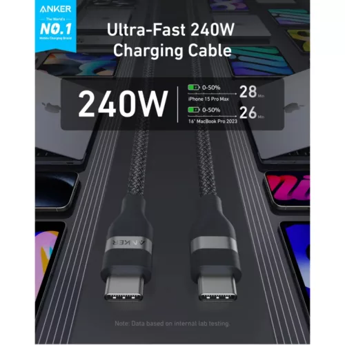 USB-C - USB-C kábel Anker, 240W, 1.8m, Fekete A82E2H12