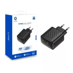   Lito Fali Töltő (LC22) - 2x Type-C Kimenet, PD45W, GaN, Tűzálló PC, EU Dugó - Fekete