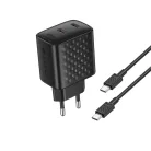 Lito Falra szerelhető töltő (LC22T) - Type-C kábel mellékelve, 2x Type-C kimenet, PD45W, GaN, PC tűzálló, EU csatlakozó - Fekete