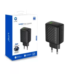   Lito Fali Töltő (LC24) - Type-C, USB Kimenet, PD65W, GaN, PC Tűzálló, EU Csatlakozó - Fekete