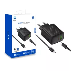   Lito Fali Töltő (LC24T) Type-C Kábellel, USB Kimenet, PD65W, GaN, Tűzálló PC, EU Dugó - Fekete