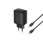 Lito Fali Töltő (LC24T) Type-C Kábellel, USB Kimenet, PD65W, GaN, Tűzálló PC, EU Dugó - Fekete