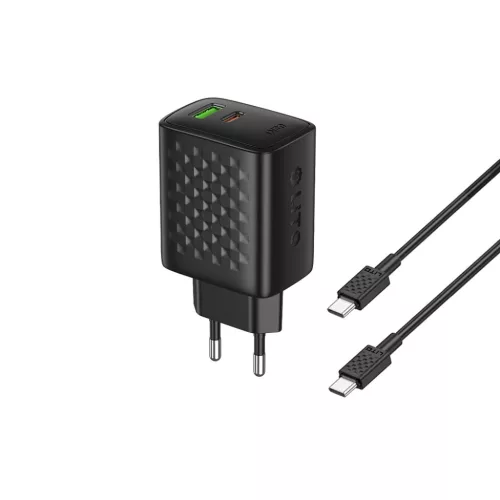 Lito Fali Töltő (LC24T) Type-C Kábellel, USB Kimenet, PD65W, GaN, Tűzálló PC, EU Dugó - Fekete