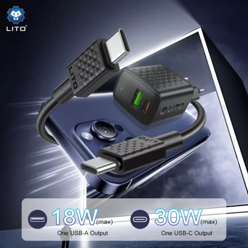 Lito - Fali töltő (LC19T) - Type-C kábellel, Type-C, USB kimenet, PD30W, GaN, PC tűzálló, EU csatlakozó - Fekete