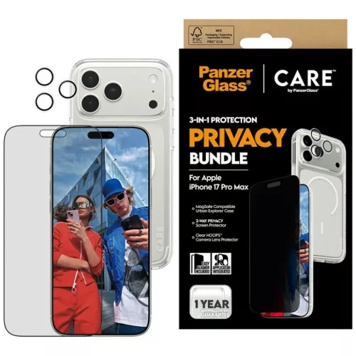 CARE by PanzerGlass Flagship Privacy 3 az 1-ben tok + üvegfólia + lencsevédő iPhone 17 Pro Max-hoz