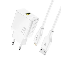   Dudao A23LEU 2.4A GaN EU USB-A fali töltő USB-A–Lightning kábellel - Fehér