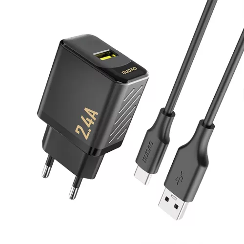 Dudao A23TEU 2.4A GaN USB-A Wall Charger with USB-A - USB-C Cable - Black
