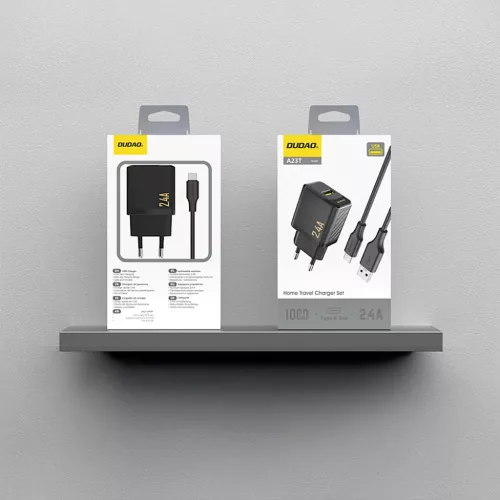 Dudao A23TEU 2.4A GaN USB-A Wall Charger with USB-A - USB-C Cable - Black