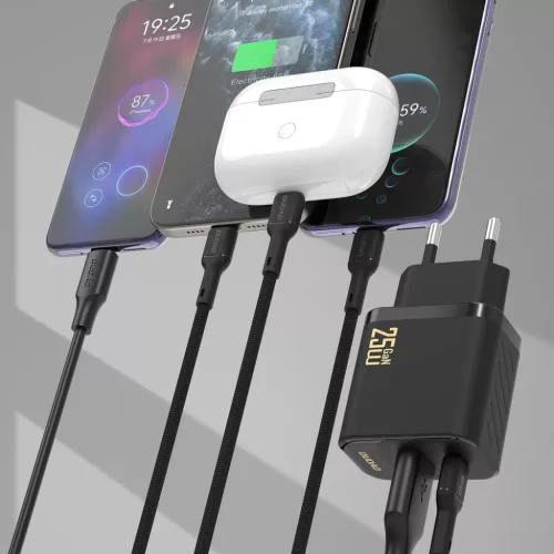 Dudao A26TCEU PD QC 25W GaN USB-A USB-C Hálózati Töltő USB-C Kábellel - Fekete