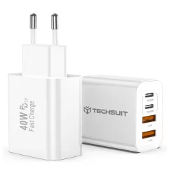   Hálózati töltő PowerXQuad (CH4) - 2X PD20W Type-C, 2X USB 3.1A, Szupergyors Töltő Utazó Adapter 40W - Fehér
