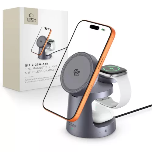 Tech-protect Qi2.2-25w-a48 3in1 Magnetic Magsafe Wireless Charger Dark Grey