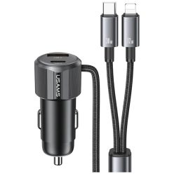   USAMS YT sorozat CC287 autós töltő 66W 1xUSB-A 1xUSB-C + 2 az 1-ben USB-C/Lightning kábel