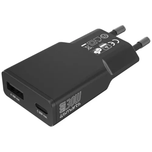 4smarts FlatPlug Duos 30W GaN USB-C/USB-A fekete hálózati töltő adapter