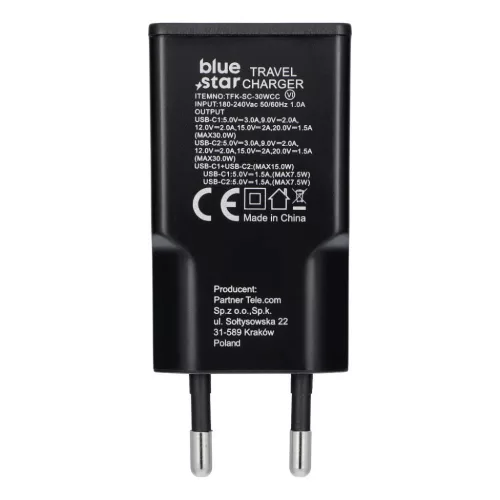 Blue Star Slim GaN 2 x USB C QC4.0 PD 3A 30W TFK-SC-30WCC fekete