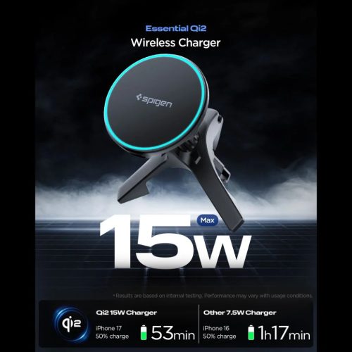 SPIGEN EV15MAQ ESSENTIAL MAGNETIKUS MAGSAFE AUTÓS TELEFONTARTÓ VEZETÉK NÉLKÜLI TÖLTŐ 15W Qi2 FEKETE